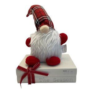 Holiday Stuffed Gnome Sitting on Books "Tis The Season" Plaid Flexible Hat NEW